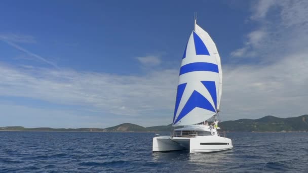 Snövit Segling Katamaran Segel Full Segel Blå Havet Mot Bakgrund — Stockvideo