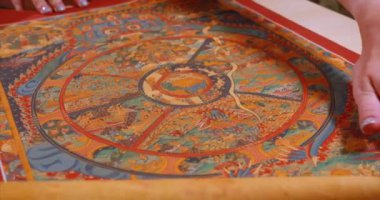 Geleneksel Nepal tablosu. Nepal halkının varoluşun çarkını sembolize eden, bir tankı tasvir eden geleneksel çok renkli bir resimle parşömeni açan bir kadının elleri..