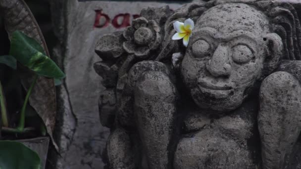 石の彫刻が施されたバロンの像で 耳の後ろには白いユリが住んでいた バリの石の神々 偶像は伝統的なインドネシアの芸術です 偶像崇拝に基づく信仰の概念 — ストック動画