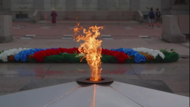 在一座纪念第二次世界大战中阵亡将士的军事纪念碑上失火 以五指点点星心燃烧着的永恒火焰为形式的战争纪念物 — 图库视频影像