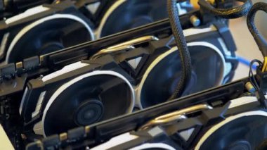 Maden platformu için video kartı çiftliği. Kripto para madenciliği ekipmanı. Ana kartta bir sürü video kartı var. Hayranları, kripto para madencileri olan elektronik cihazlara yakın çekim. Bitcoin.