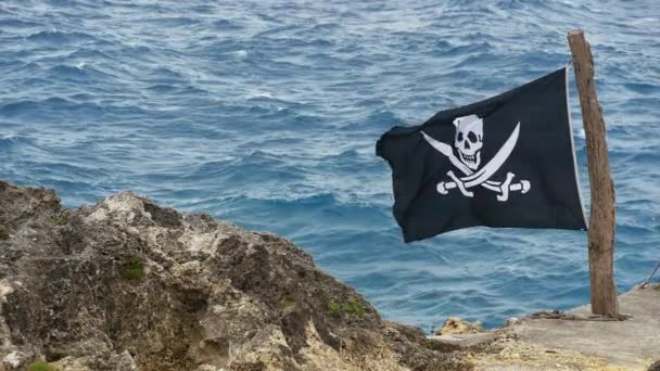 Пиратский Черный Флаг Веселый Роджер Раскрашенным Белым Черепом Двумя Перекрещенными — стоковое видео