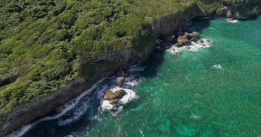 Deniz mavisi dalgalar yeşil bitki örtüsüyle kaplanmış yüksek kayalık bir kıyıya vuruyor. Uçan bir drondan deniz kıyısı manzarası. Tropikal denizlerin ve okyanusların kıyılarının güzelliği kavramı..