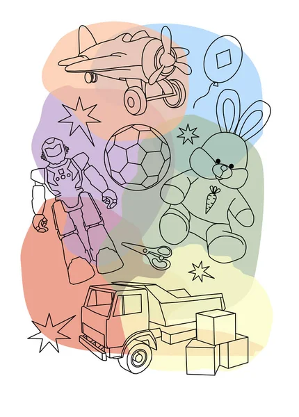 Cartaz Sobre Tema Infantil Com Brinquedos Fundo Manchas Multicoloridas — Fotografia de Stock