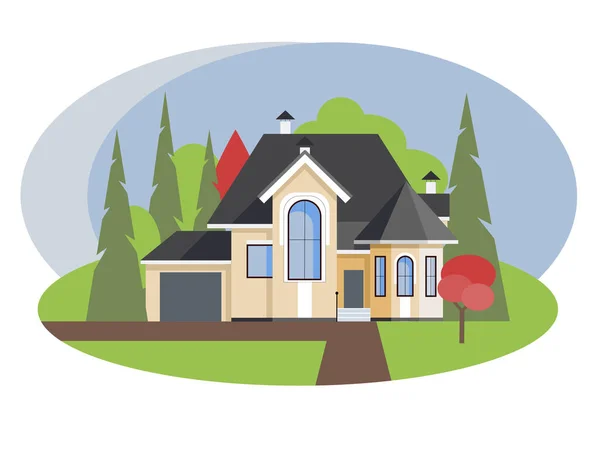 现代舒适的村舍家庭住宅 房地产的概念 平面数字插图 — 图库照片