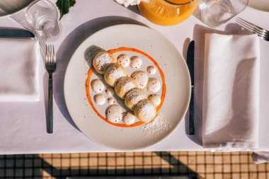 cheesecakes breakfast or dessert syrniki curd cottage cheese pancakes healthy meal . top view .copy space for text food background