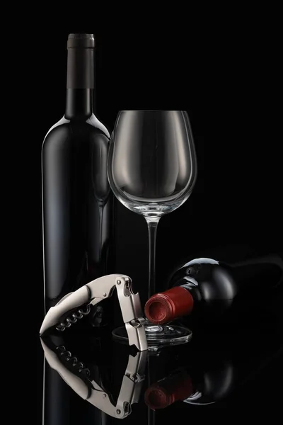 Wine Bottles Wine Glass Modern Corkscrew Front Black Background — Stock Photo, Image