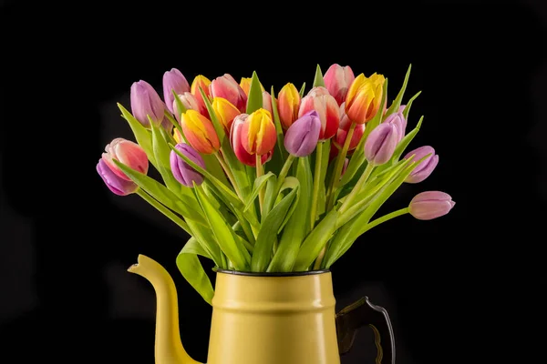 Colorido Ramo Tulipanes Una Olla Esmalte Amarillo Delante Fondo Negro — Foto de Stock