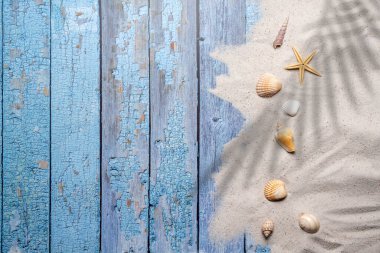 Yaz, sahil ve bedava mesaj alanı olan tatil konsepti. Üst Manzara. Değişik deniz kabukları ve eski mavi ahşap arka planda palmiye yaprağı gölgesi olan güzel kumlu düz bir düzen.