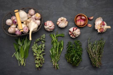 Taze yeşil, sağlıklı otlar ve metal bir sepette taze sarımsak.