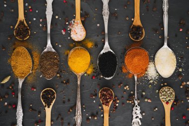 Yemek kaşıklarındaki farklı egzotik baharatlar ve küçük tahta kaşıklar yatay olarak dizilmiş, geniş bir tabakta manzara formatı ve ilave biber mısır.