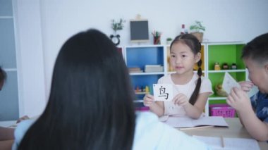 (Çince çeviri: 4k Çözünürlük Eğitimsel kavramı. Öğretmen çocuklara sınıfta Çince öğrenmeyi öğretiyor..