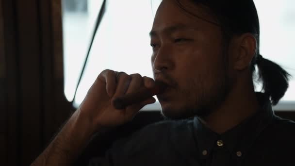 Night Club Concept Resolution Asian Man Smoking Cigar Restaurant Group — Vídeos de Stock