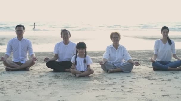 Holiday Concept Resolution Everyone Family Doing Yoga Beach Summer Vacation — Stock video