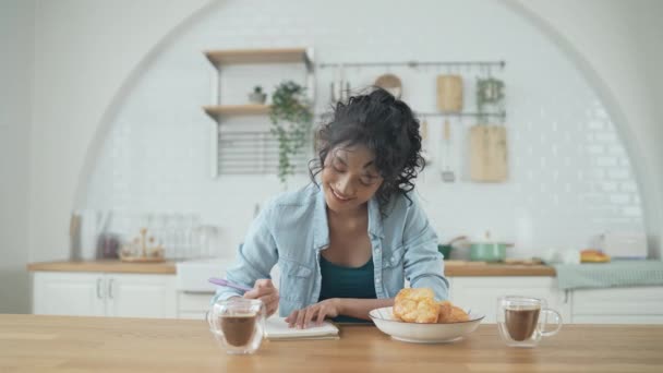 4K解像度の休日の概念 台所で一緒にコーヒーを飲んでいるアジアの女性 — ストック動画