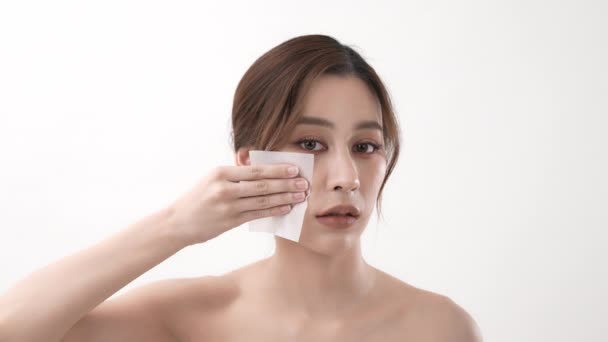 Krásný Koncept Rozlišení Asijské Žena Otírání Její Tvář Olejem Tření — Stock video