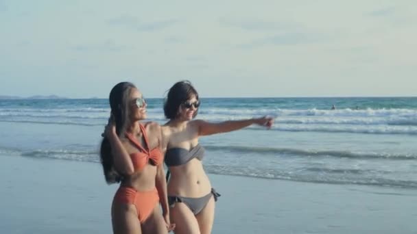 4K解像度的旅行概念 一对年轻的亚洲女人在海滩上散步 — 图库视频影像