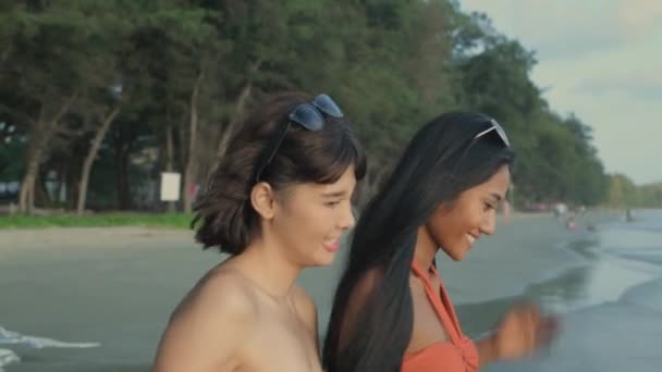 Concepto Viaje Resolución Par Jóvenes Asiáticas Dando Paseo Por Playa — Vídeo de stock