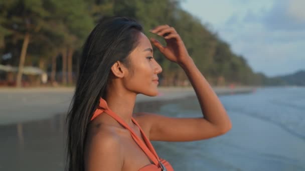 4K解像度の休日の概念 アジアの女性が喜んでビーチで夕日を見ています — ストック動画