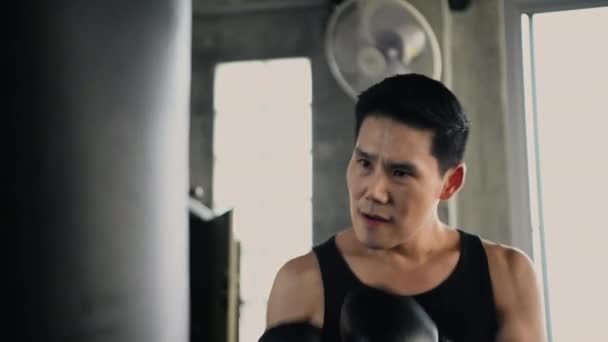 Fitness Concept Resolution Young Asian Man Punching Gym — Video