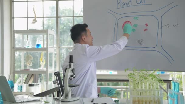 Výzkumný Koncept Rozlišení Asijský Mužský Vědec Vysvětlující Práci Laboratoři — Stock video