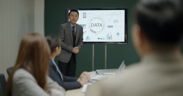 Бизнес Концепция Resolution Азиатский Бизнесмен Объясняет Графики Экране Телевизора — стоковое видео