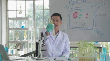 Araştırma konsepti 4K çözünürlüğü. Laboratuvarda çalışan Asyalı erkek bilim adamı.