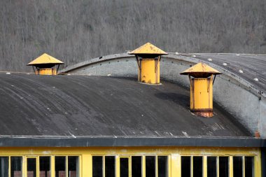 Sarı çerçeveli pencereleri ve ilkbaharın başlarında yapraksız ormanlık bir zemin ile, kıvrımlı siyah sanayi çatısı üzerinde üç adet sarı metal baca bacası bulunuyor.