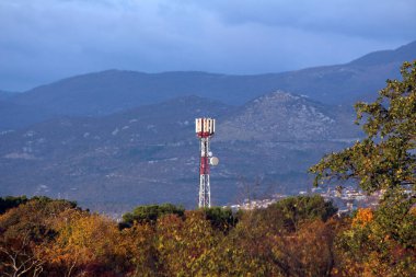 Antenlerle donatılmış uzun bir hücresel iletişim kulesi, uzaktaki dağlarla, kırsal kablosuz ağ altyapısını gösteren ormanlık bir arazinin üzerinde yükseliyor.