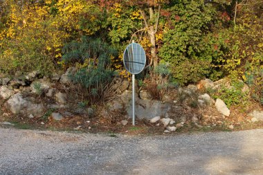 Yuvarlak bir yol kenarı trafik aynası, yakındaki bitki ve çakılların kırsal bir virajda yansıyan görüntüsünü ortaya çıkararak, taştan, yaban gübresinden ve sonbahar yeşilliklerinden sürücünün güvenliğini sağlıyor.