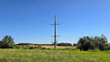 Uzun yeşil elektrik iletim direği, kır çiçekleri ve otlarla dolu açık bir çayırda duruyor. Parlak bir yaz manzarası boyunca elektrik hatlarını birbirine bağlıyor.