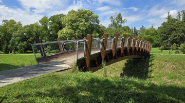 Yumuşak kıvrımlı çelik parmaklıklı ahşap geçit, güneşli şehir parkında olgun ağaçlarla çevrili sığ bir çim hendeğinin üzerinden yürüme yollarını birbirine bağlıyor.