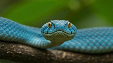 Mavi Çukur Viper Ağaç Dalında Doğal Yaşam Alanındaki Zehirli Yılan 'ın Yakın Çekimi