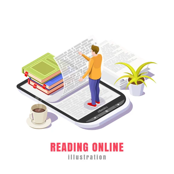電子書籍のイラストのコンセプトは 若い男が学ぶための電子書籍を読みます ベクトルイラスト ウェブのランディングページ — ストックベクタ