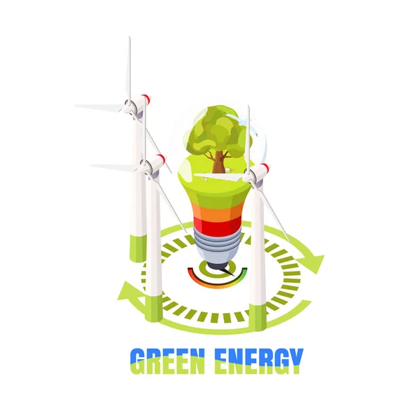 Zielona Energia Elektryczna Wiatraki Obok Drzewa Izometrycznych — Zdjęcie stockowe