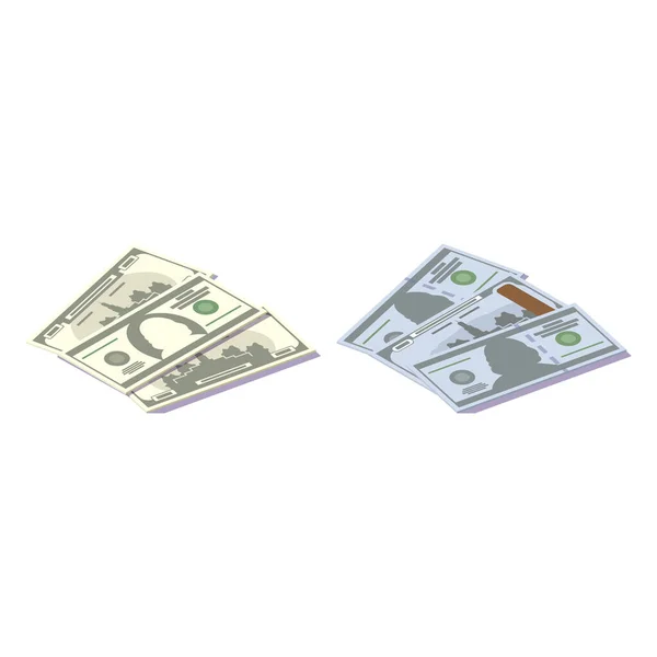 Beyaz Arka Planda Izometrik Kağıt Para Dolarları Farklı Yönlerde Banknotlar — Stok Vektör