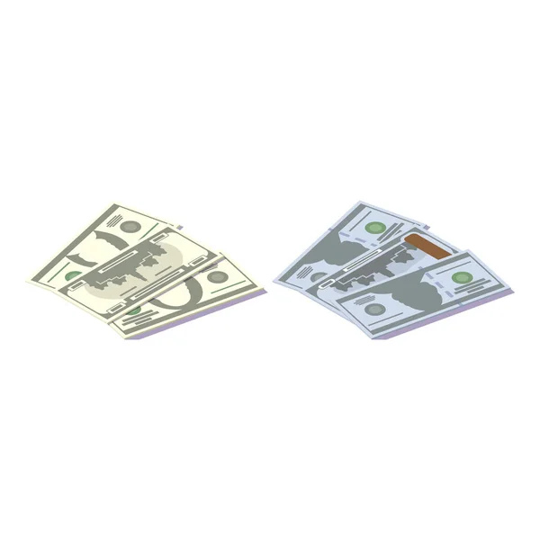 Isometrische Papiergeld Dollars Een Witte Achtergrond Stapels Bankbiljetten Verschillende Richtingen — Stockvector