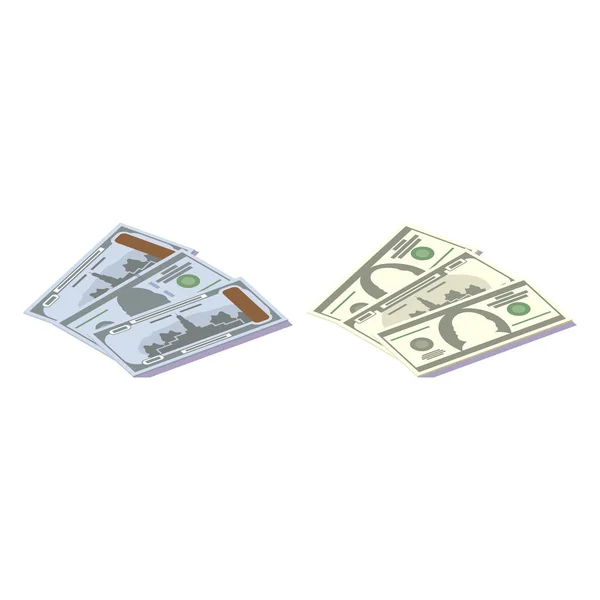 Isometric Paper Money Dollars White Background Stacks Banknotes Different Directions — Stock Vector