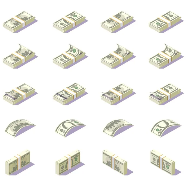Σύνολο Ισομετρικών Χαρτονομισμάτων Δολάρια Λευκό Φόντο — Διανυσματικό Αρχείο