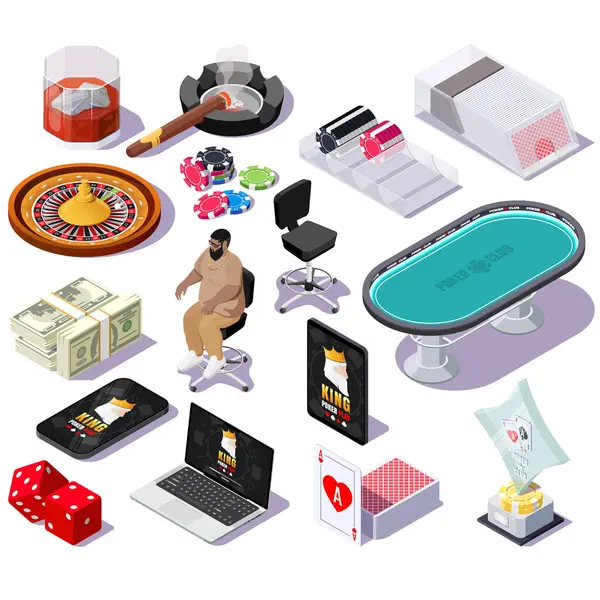 Een Set Casino Pokerspellen Isometrische Illustraties — Stockvector