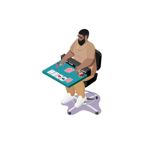Man Vid Bordet Som Spelar Poker Isometrisk Illustration — Stock vektor