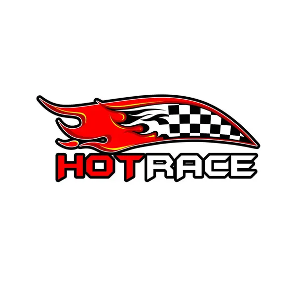 Hot Racing Logotyp Koncept Sport Flagga Med Eld Vit Bakgrund — Stock vektor