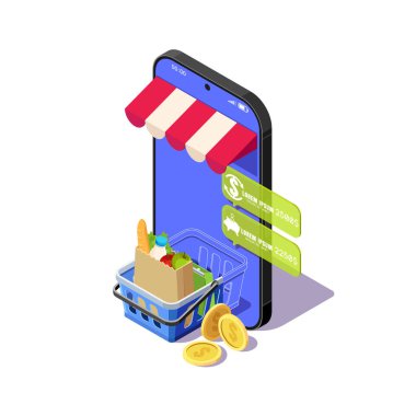 İnternette alışveriş arabası ve telefonunda ürünler olan bir dükkan kavramının izole bir çizimi.