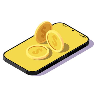 Ekranında altın sikkeler olan bir akıllı telefon. Dolar ticareti kavramı. Beyaz arkaplanda vektör illüstrasyonu