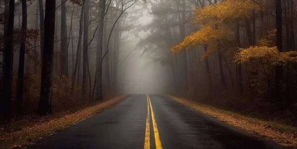 秋天的森林里 雾腾腾的道路上 绿树成荫 高质量的图片 — 图库照片