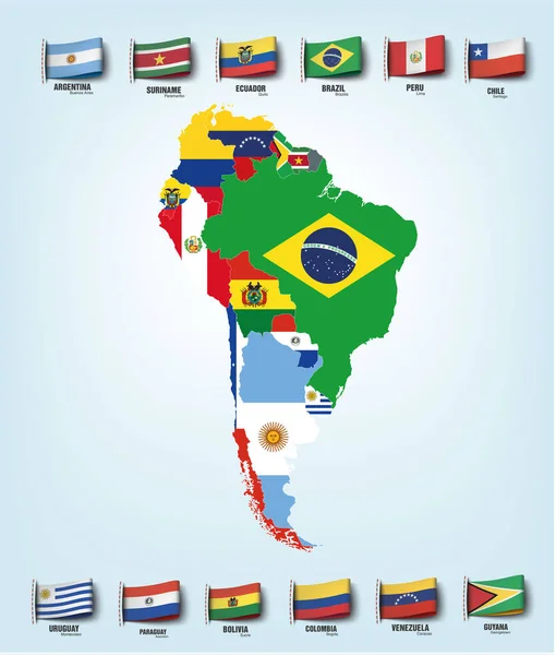 Jihoamerická Mapa Rozdělená Podle Zemí Vektorová Ilustrace Stock Vektory