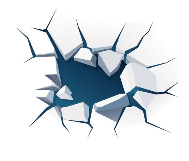 Arka planda, buzun duvarında çatlaklar olan bir delik. Vektör illüstrasyonu