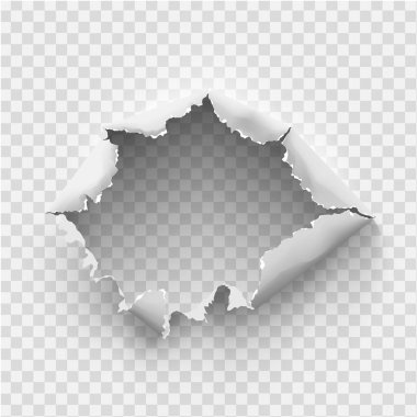 Şeffaf arka planda yırtık bir kağıt parçası yırtılmış. Vektör illüstrasyonu