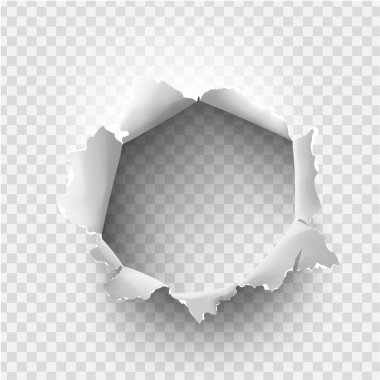 Şeffaf arka planda yırtık bir kağıt parçası yırtılmış. Vektör illüstrasyonu