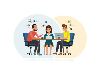 Bir proje üzerinde çalışan çeşitli ofis takımlarının düz vektör çizimi. Vektör illüstrasyonu